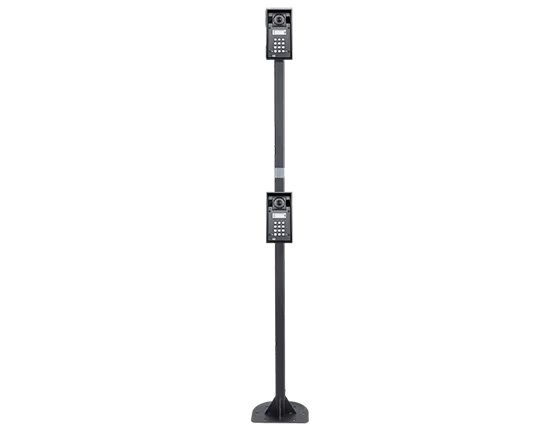 Voorkant van de De 2N Gooseneck Stand Double, een Dubbele Zwanenhals Standaard voor twee 2N Intercoms