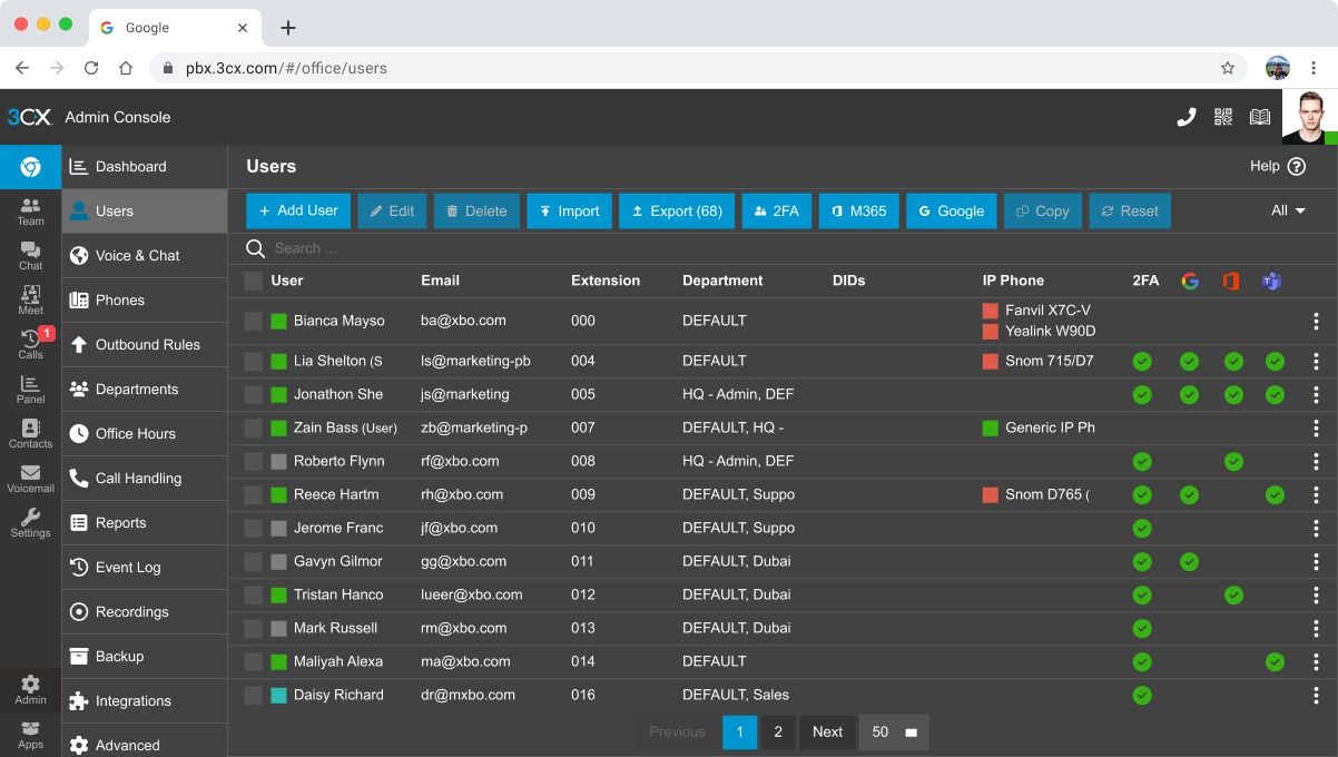Admin console voor de 3CX VoIP PBX software
