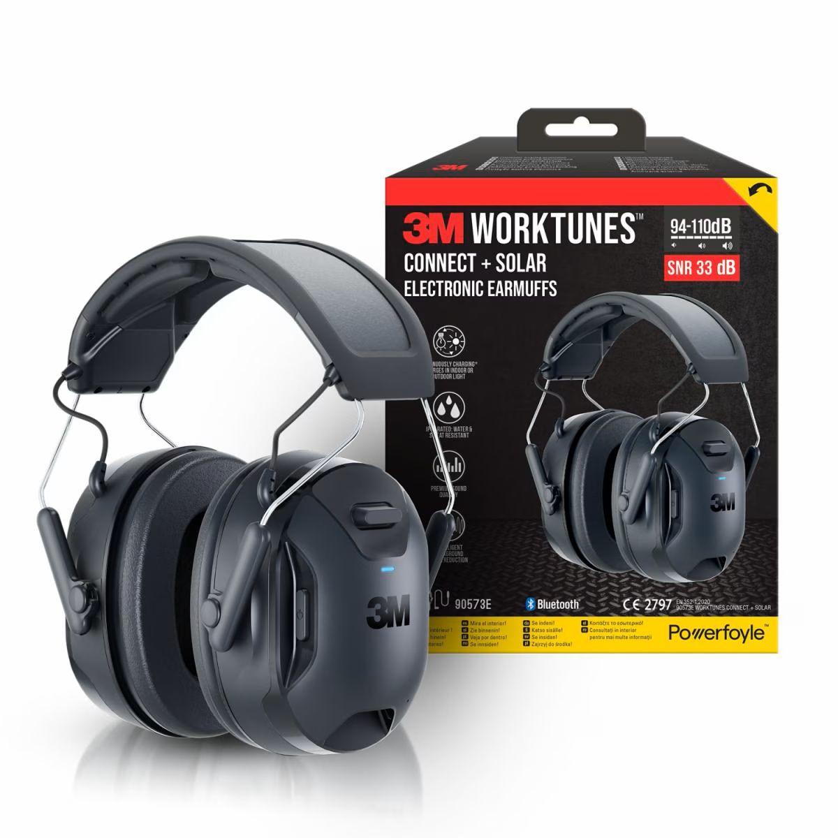 De 3M Peltor WorkTunes Connect en Solar (90573E-1) gehoorbeschermer met Bluetooth met de verpakking