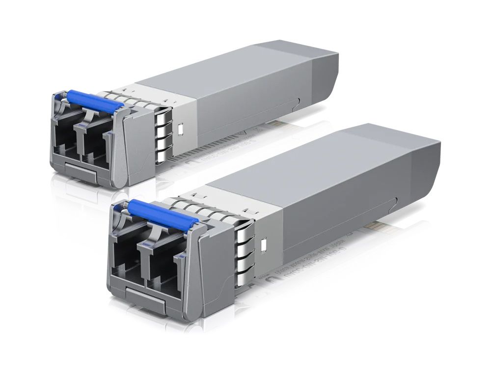Set van twee Ubiquiti Singlemode SFP+ Modules met blauwe markering in de vorm van de Ubiquiti UACC-OM-SM-10G-D-2