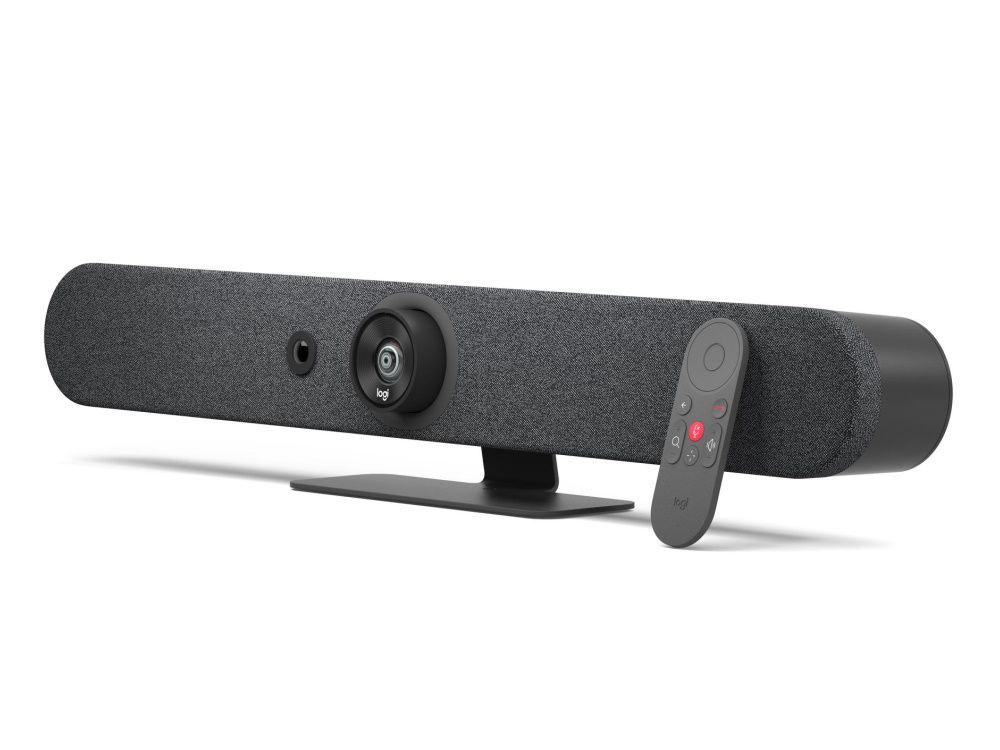 De Logitech Rally Bar Mini Collaboration Videobar in de kleur grafiet met een afstandsbediening
