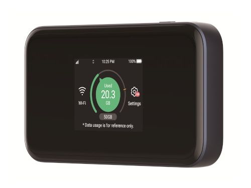 Rechter zijkant en de voorkant van de ZTE MU5001 5G mobiele WiFi hotspot met touchscreen