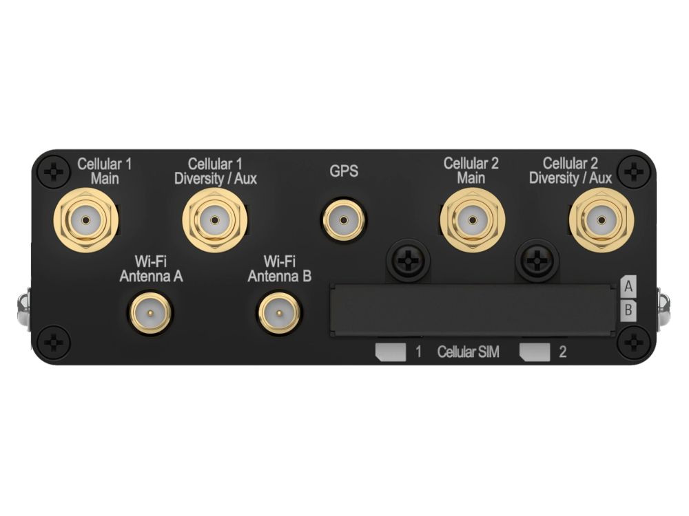 Achterkant van de Peplink MAX Transit Duo Pro Global 4G LTE M2M router met alle antenne-aansluitingen