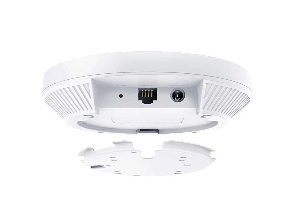 Achterkant en onderkant van het TP-Link Omada SDN EAP610 Slim indoor WiFi 6 access point met de stroomaansluiting en een ethernetpoort