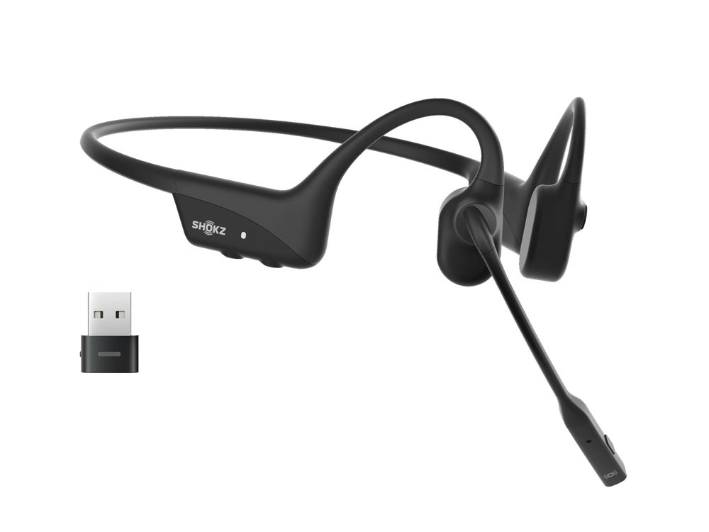 Rechterkant van de Shokz OpenComm2 UC stereo headset met USB-A Bluetooth dongle