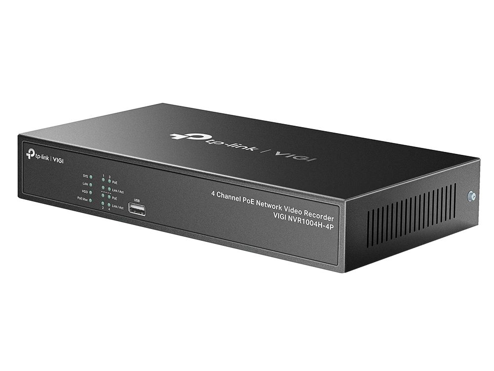 Voorkant schuin 4-Kanaals TP-Link VIGI NVR1004H-4P met 1x SATA en 4x PoE voor 24/7 beeldopnames