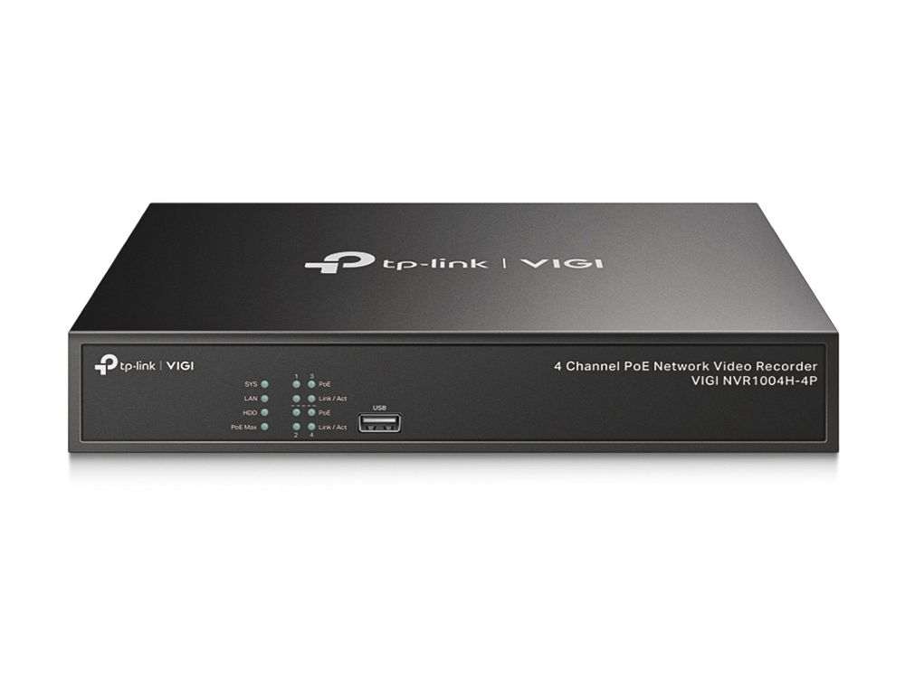 Voorkant 4-Kanaals TP-Link VIGI NVR1004H-4P met 1x SATA en 4x PoE voor 24/7 beeldopnames