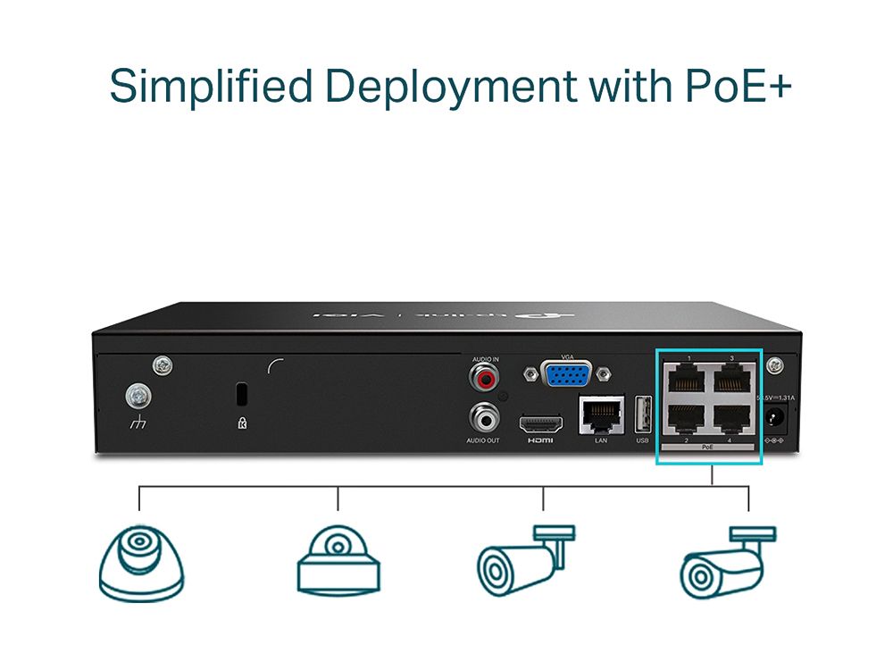 De  4-Kanaals TP-Link VIGI NVR1004H-4PNVR biedt PoE+ aan de VIGI camera's