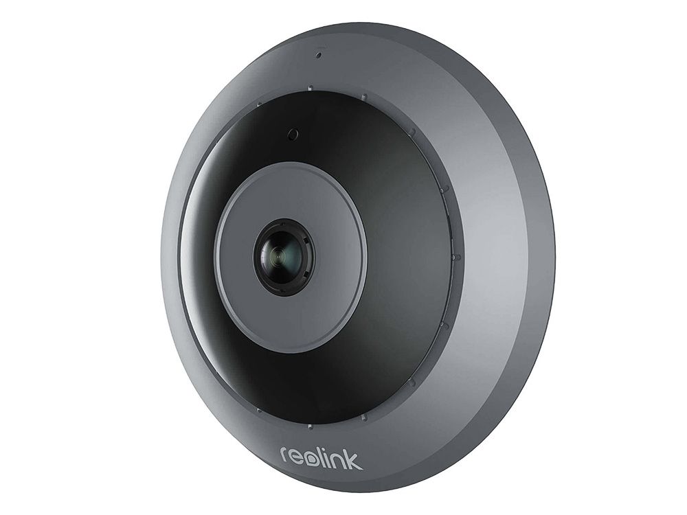 Schuine voorkant van de Reolink REO-FE-P GRAY 6MP indoor fisheye camera met 360° panoramisch zicht