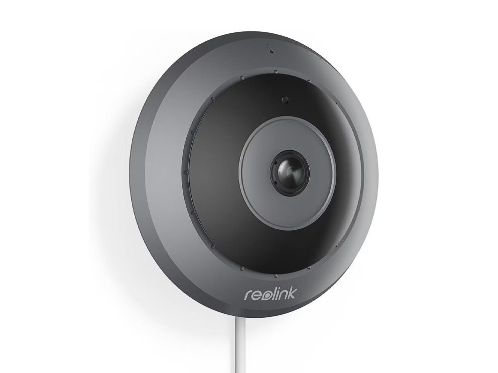 De Reolink REO-FE-P GRAY 6MP indoor fisheye camera met 360° panoramisch zicht met kabel gemonteerd aan de muur