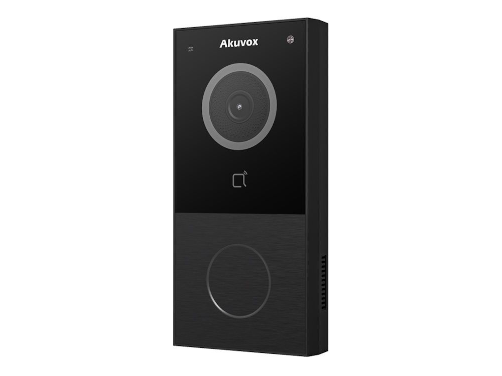 De Akuvox E12W Smart SIP Video intercom zwart met WiFi en 1 drukknop schuin van rechtsvoor
