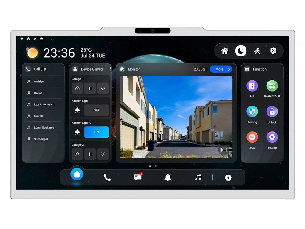 Voorkant van de Akuvox X937A Surveillance en Intercom AI Monitor met diverse functies op het touchscreen zichtbaar