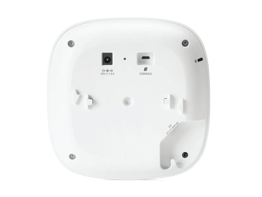 Achterkant van het HPE Networking Instant On AP22 WiFi 6 indoor access point met stroomaansluiting en console poort