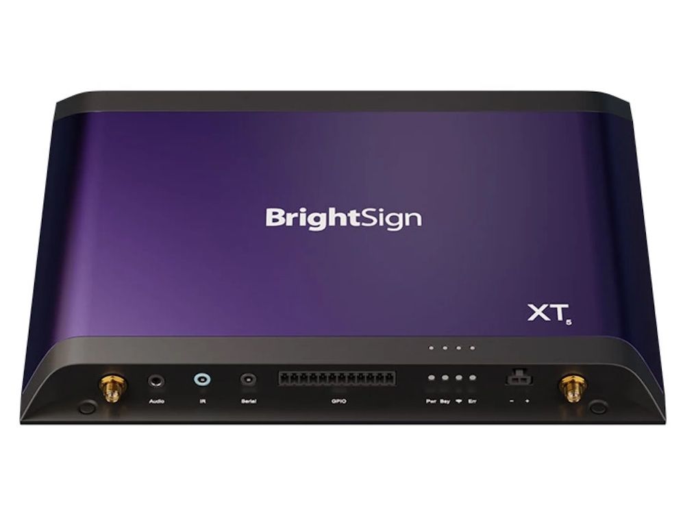 Voorkant van de BrightSign XT1145 digital signage media player met diverse aansluitingen