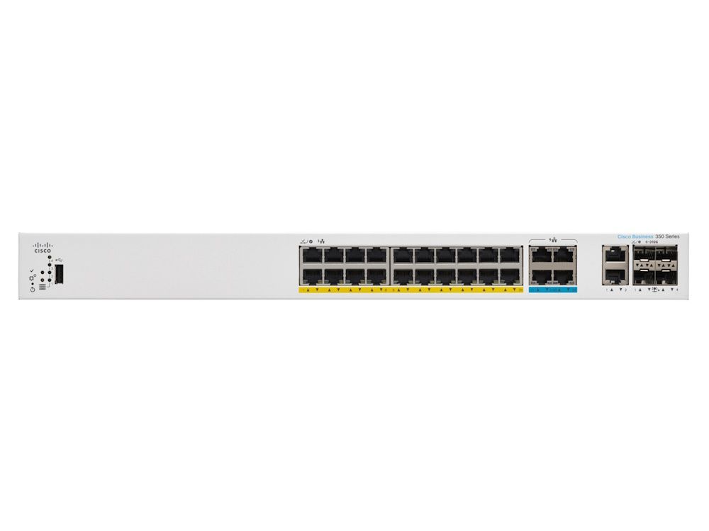 Voorkant van de Cisco Catalyst C1300-24MGP-4X managed 24-poorts PoE switch met Gigabit ethernetpoorten en 2.5 Gigabit ethernetpoorten en SFP+ poorten