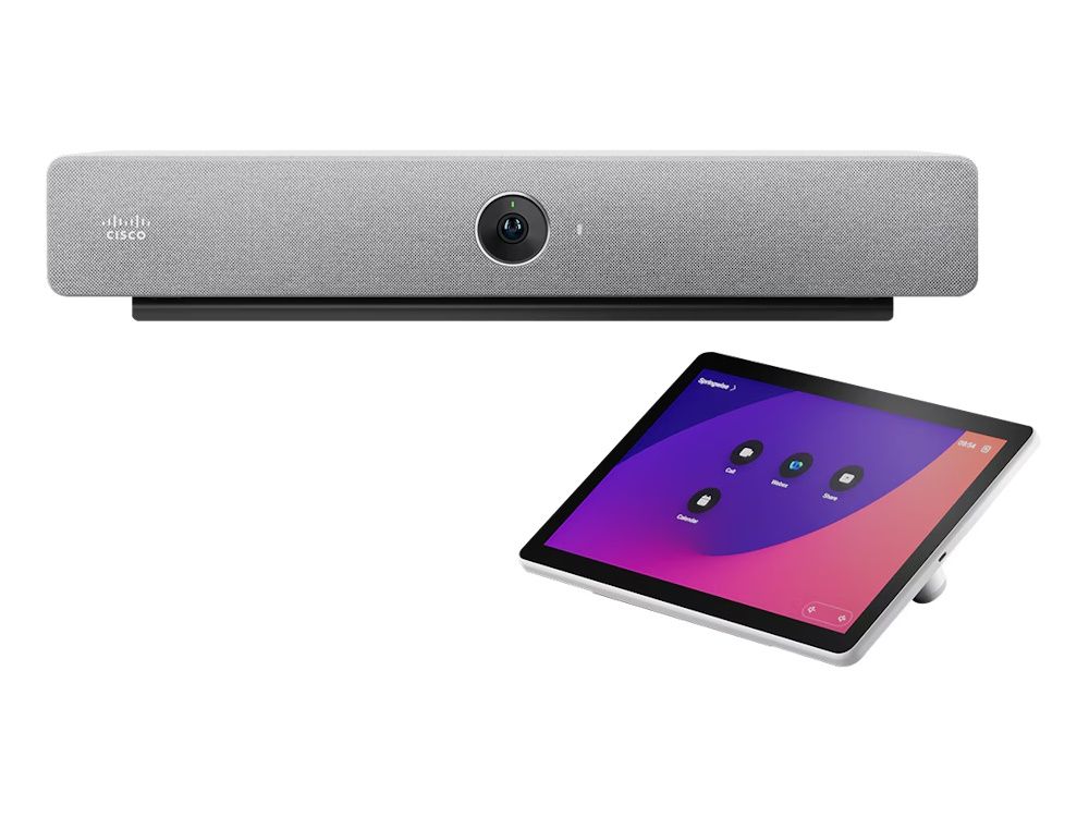 Hoofdfoto met de voorkant van de Cisco Webex Room Bar videoconferencing kit voor 7 personen en een bedientablet