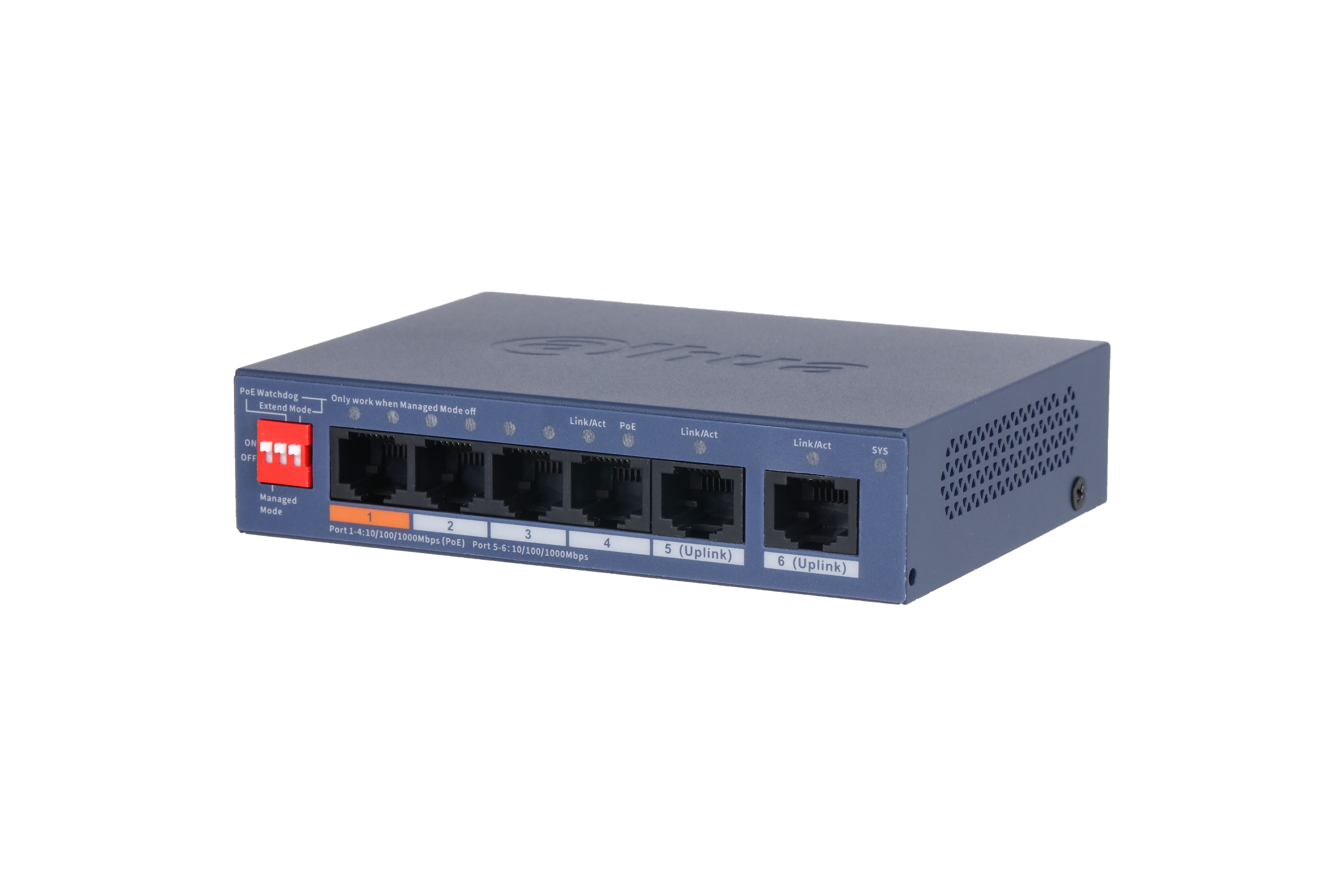 De Dahua DH-CS4006-4GT-60-V2 6-Poorts Cloud-Managed Switch schuin van voor