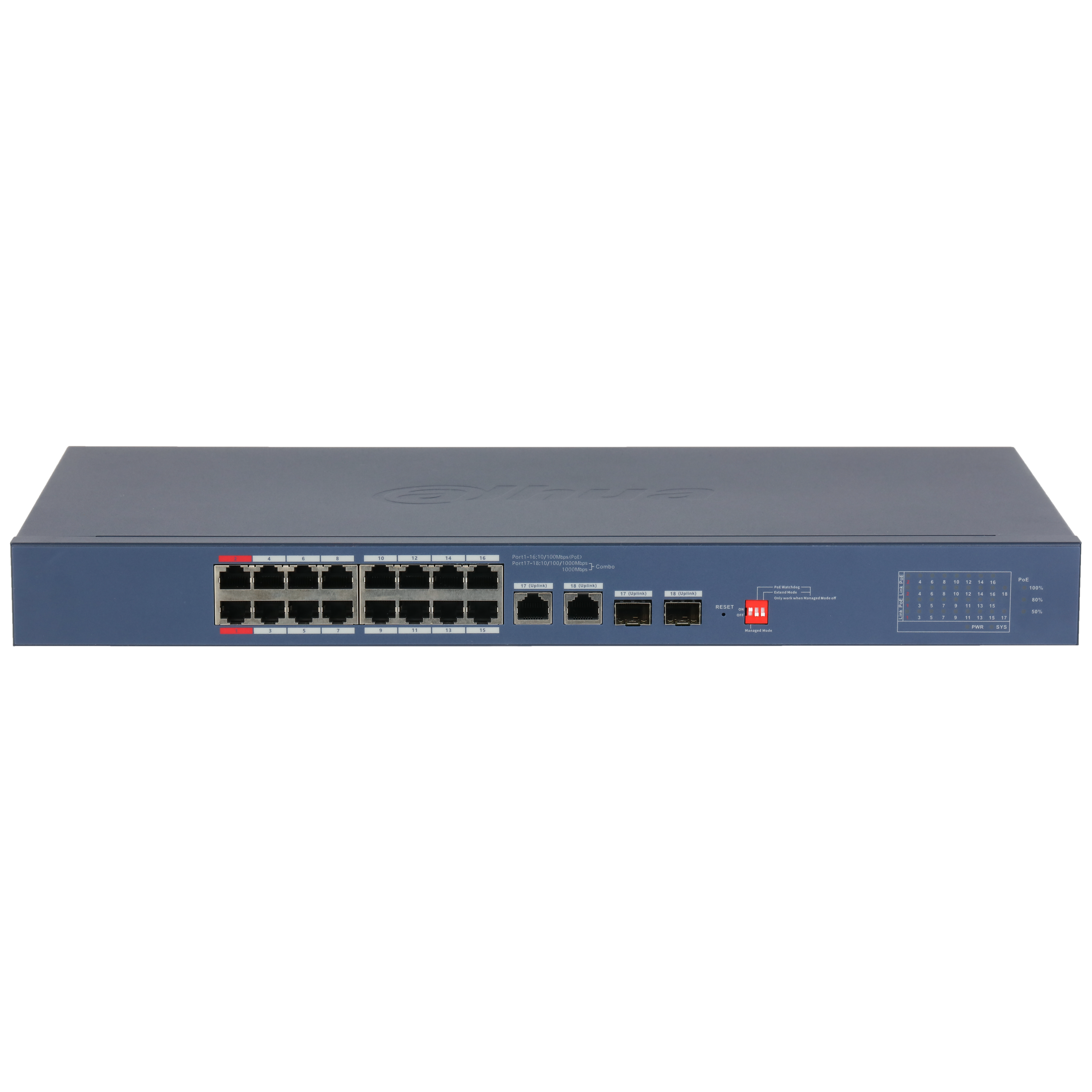 Voorkant van de Dahua DH-CS4218-16ET-240-V2 18-Poorts Cloud-Managed PoE Switch 