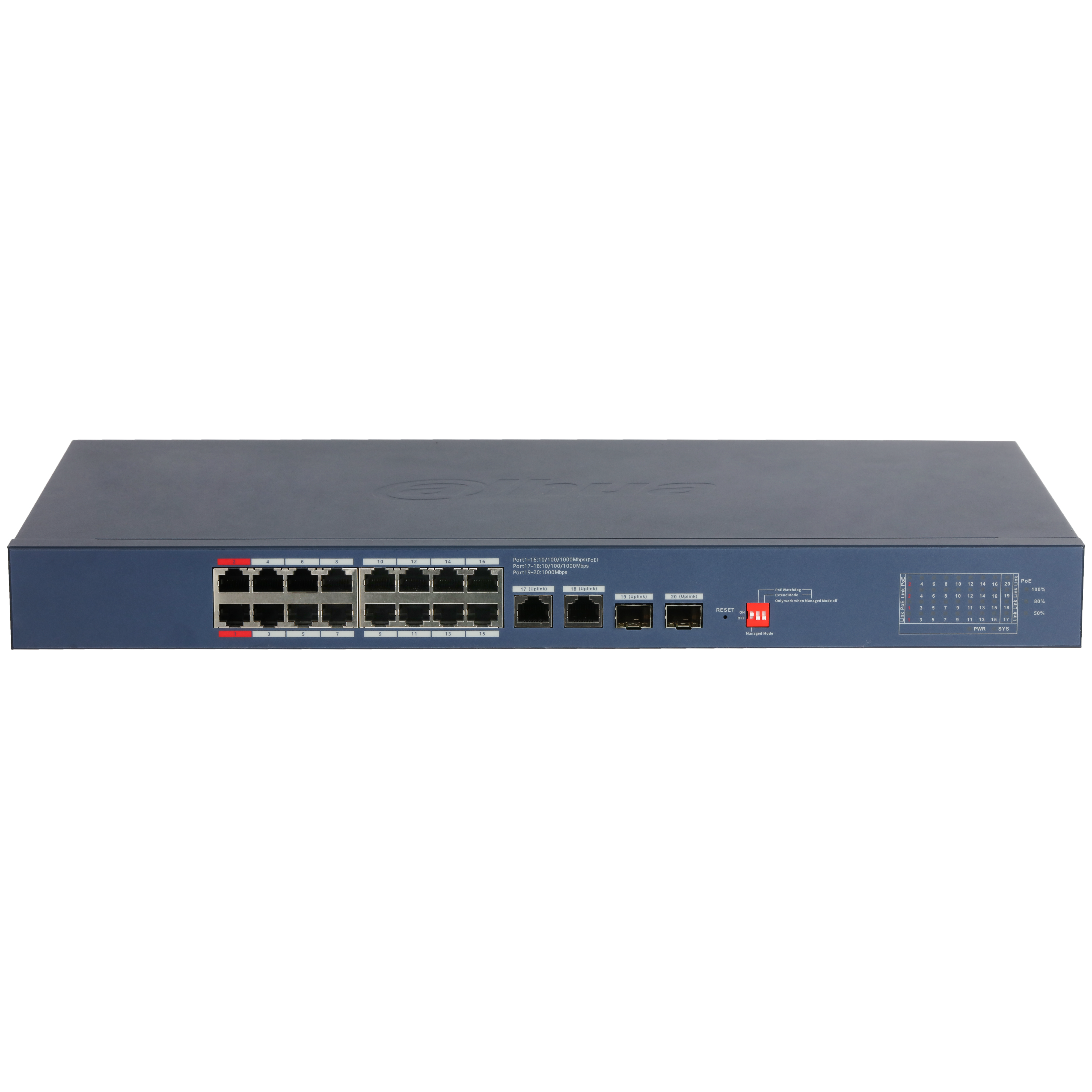Voorkant van de Dahua DH-CS4220-16GT-240-V2 20-Poorts Cloud-Managed PoE Switch met alle poorten