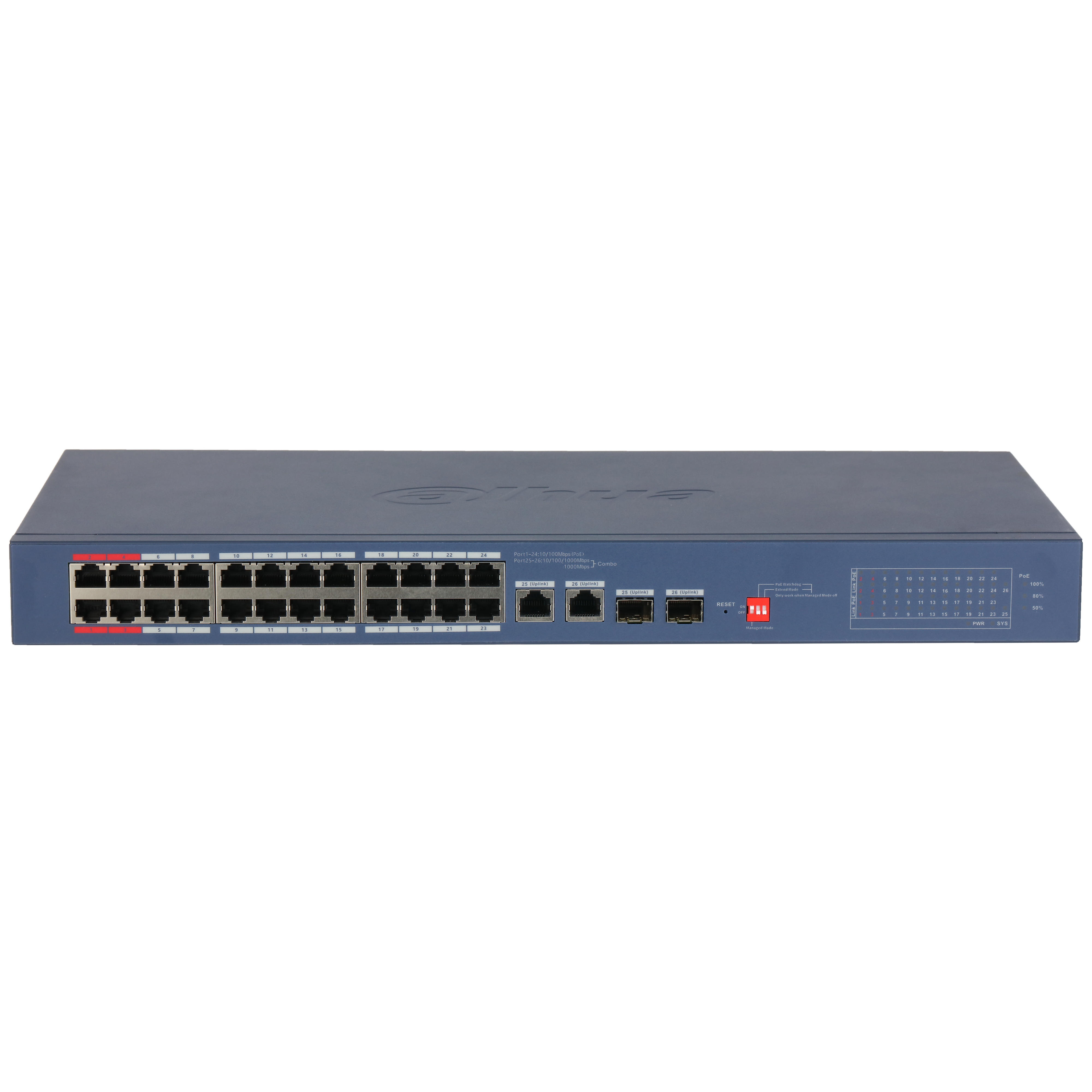 Voorkant van de Dahua DH-CS4226-24ET-375-V2 26-Poorts Cloud-Managed PoE Switch