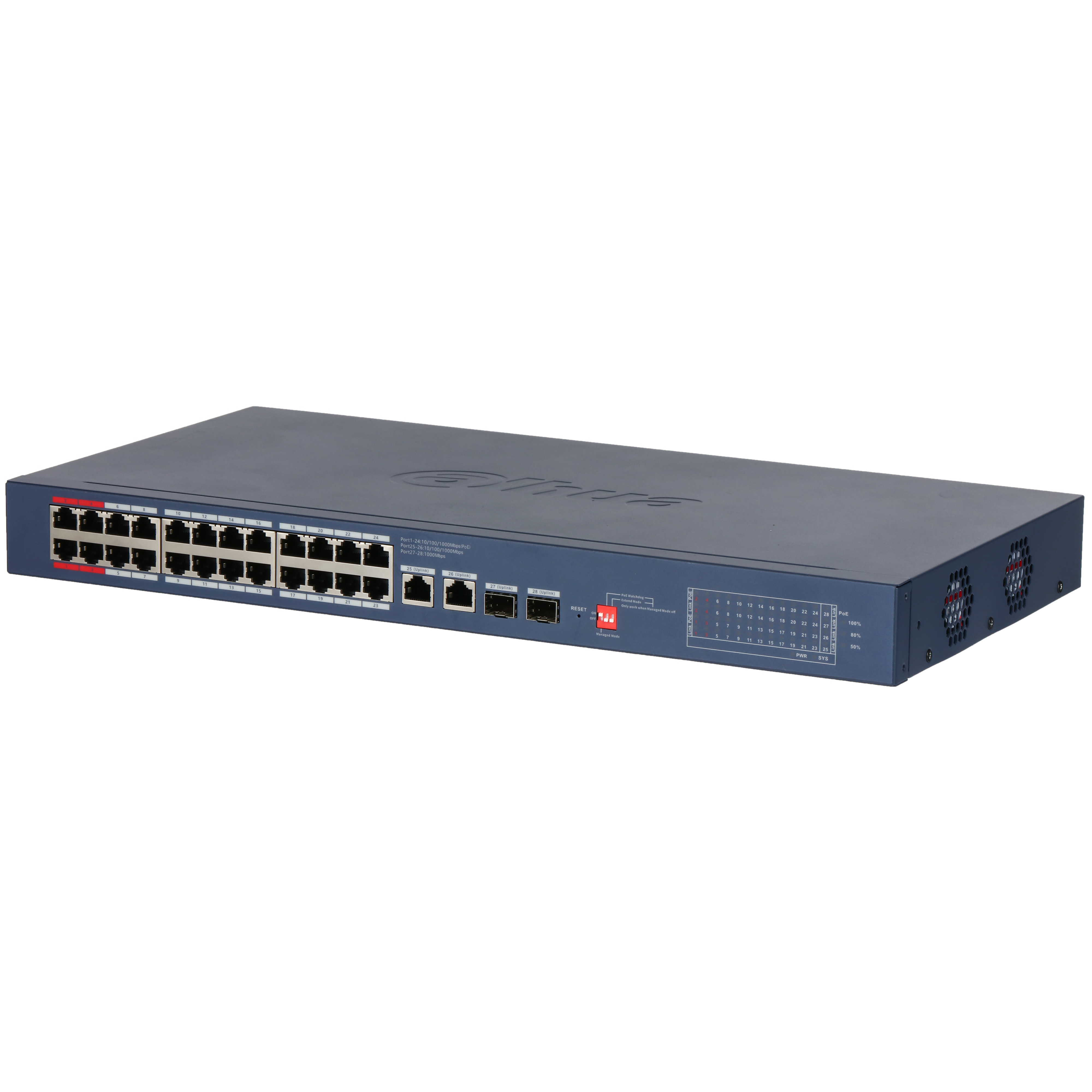 De Dahua DH-CS4228-24GT-375-V2 28-Poorts Cloud-Managed PoE Switch schuin van voren