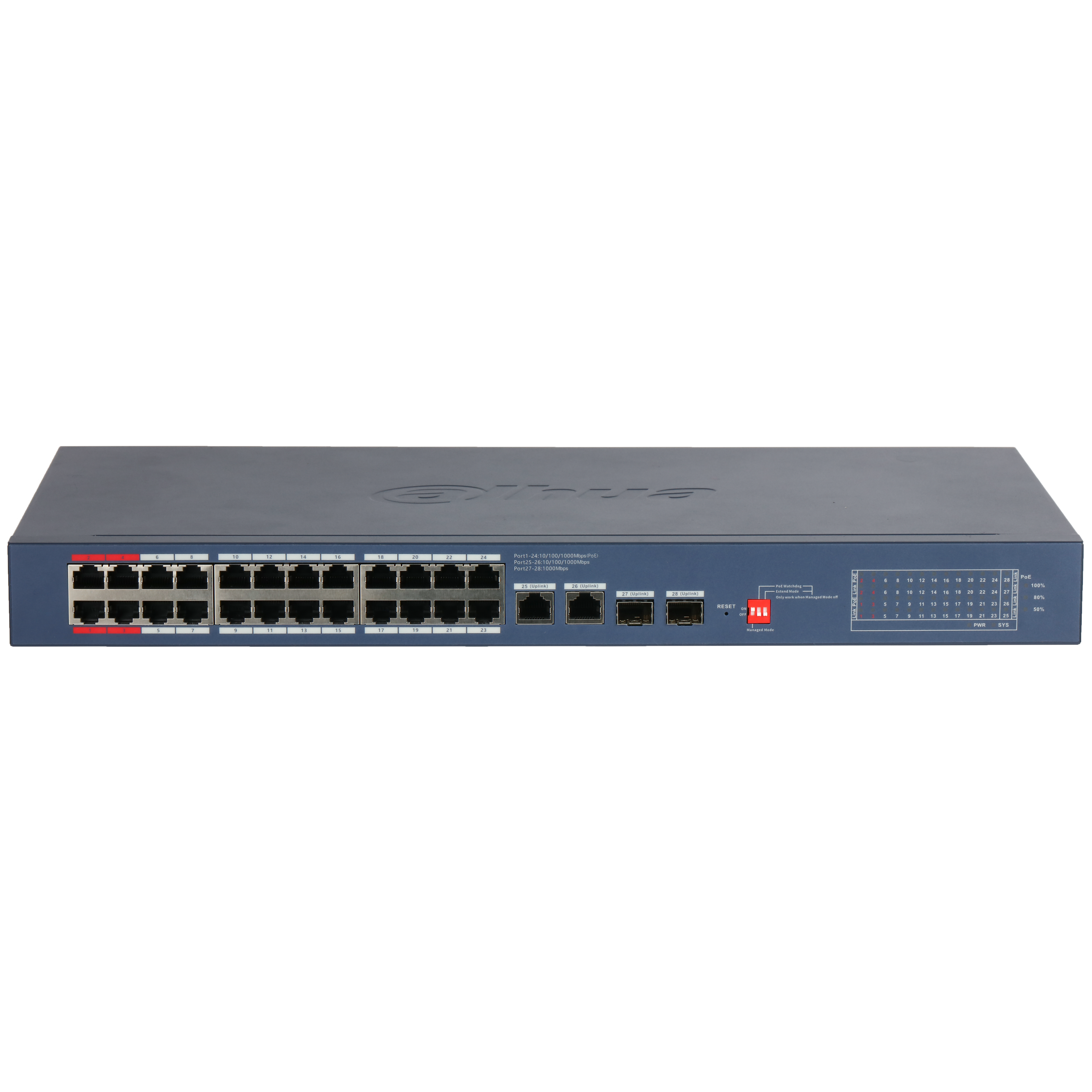 Voorkant van de Dahua DH-CS4228-24GT-375-V2 28-Poorts Cloud-Managed PoE Switch