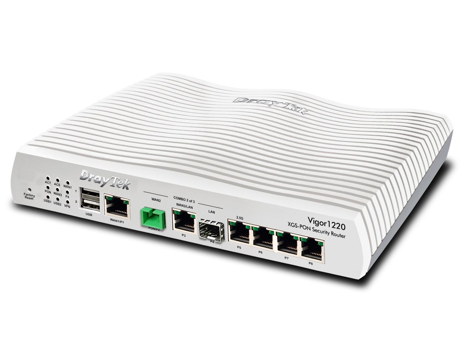 DrayTek Vigor 1220 Dual WAN 10G XGS-PON VPN router met SFP+ schuin van rechtsboven