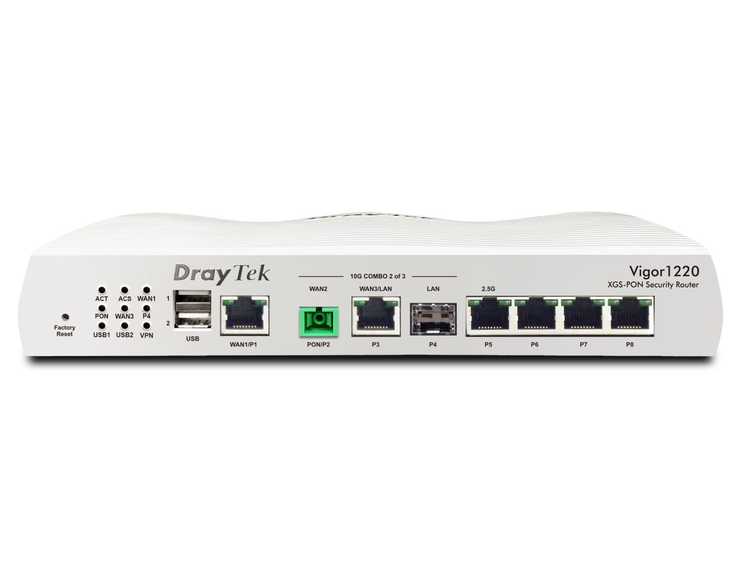 Voorkant DrayTek Vigor 1220 Dual WAN 10G XGS-PON VPN router met SFP+
