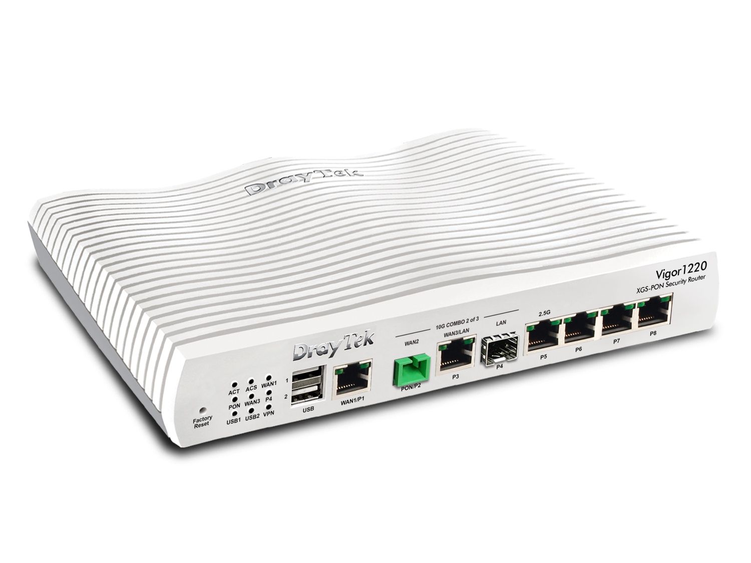DrayTek Vigor 1220 Dual WAN 10G XGS-PON VPN router met SFP+ schuin van linksboven