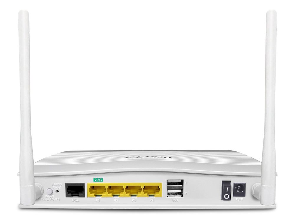 Achterkant van de DrayTek Vigor 2767ax VDSL2 35b supervectoring VPN WiFi router met alle poorten en WiFi antennes