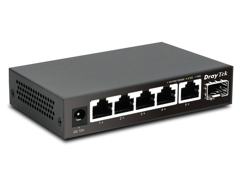 Linker zijkant en voorkant van de DrayTek VigorSwitch Q60x unmanaged 5-poorts 2.5 Gigabit switch