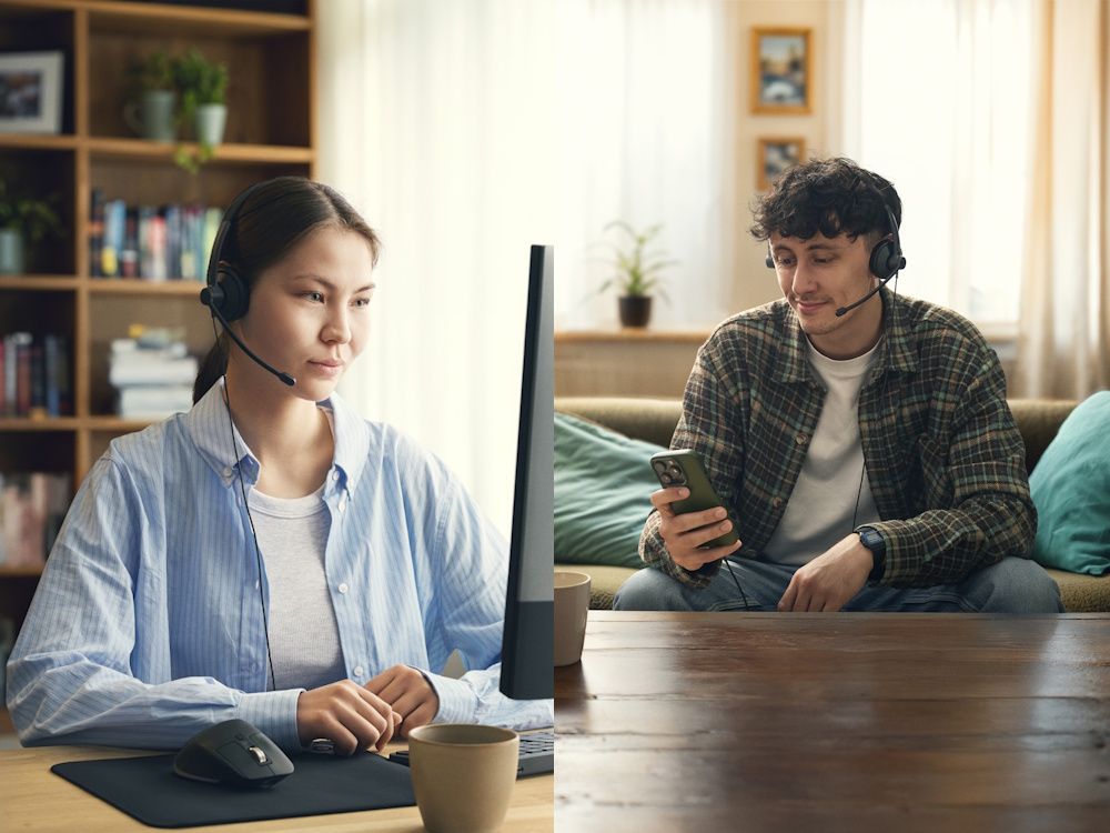 De EPOS IMPACT 100 UC Stereo USB-C+A headset in gebruik thuis en in een thuiskantoor