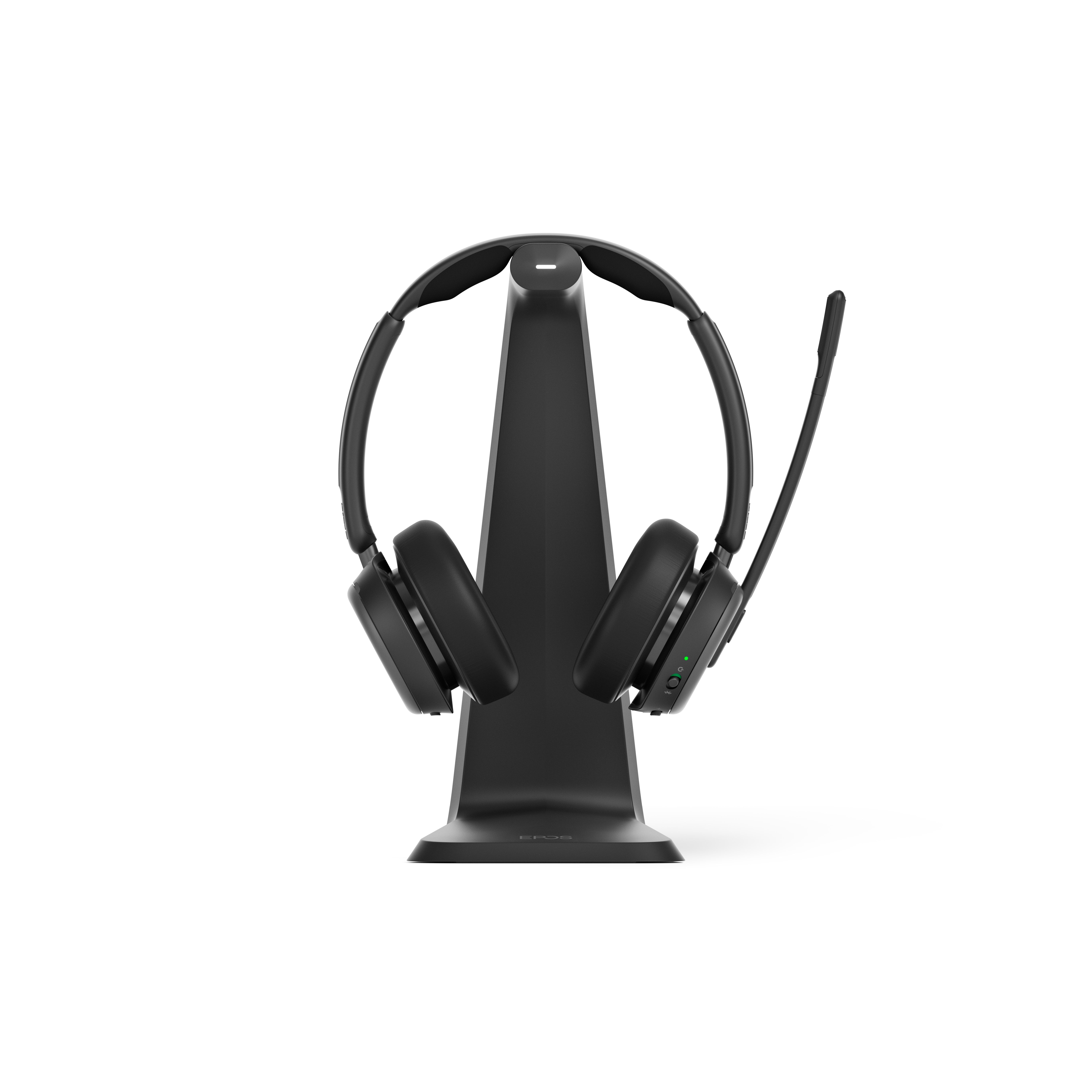 Voorkant EPOS IMPACT 1000 MS UC ANC WL USB-C+A Stand draadloze headset met Bluetooth dongle en laadstandaard