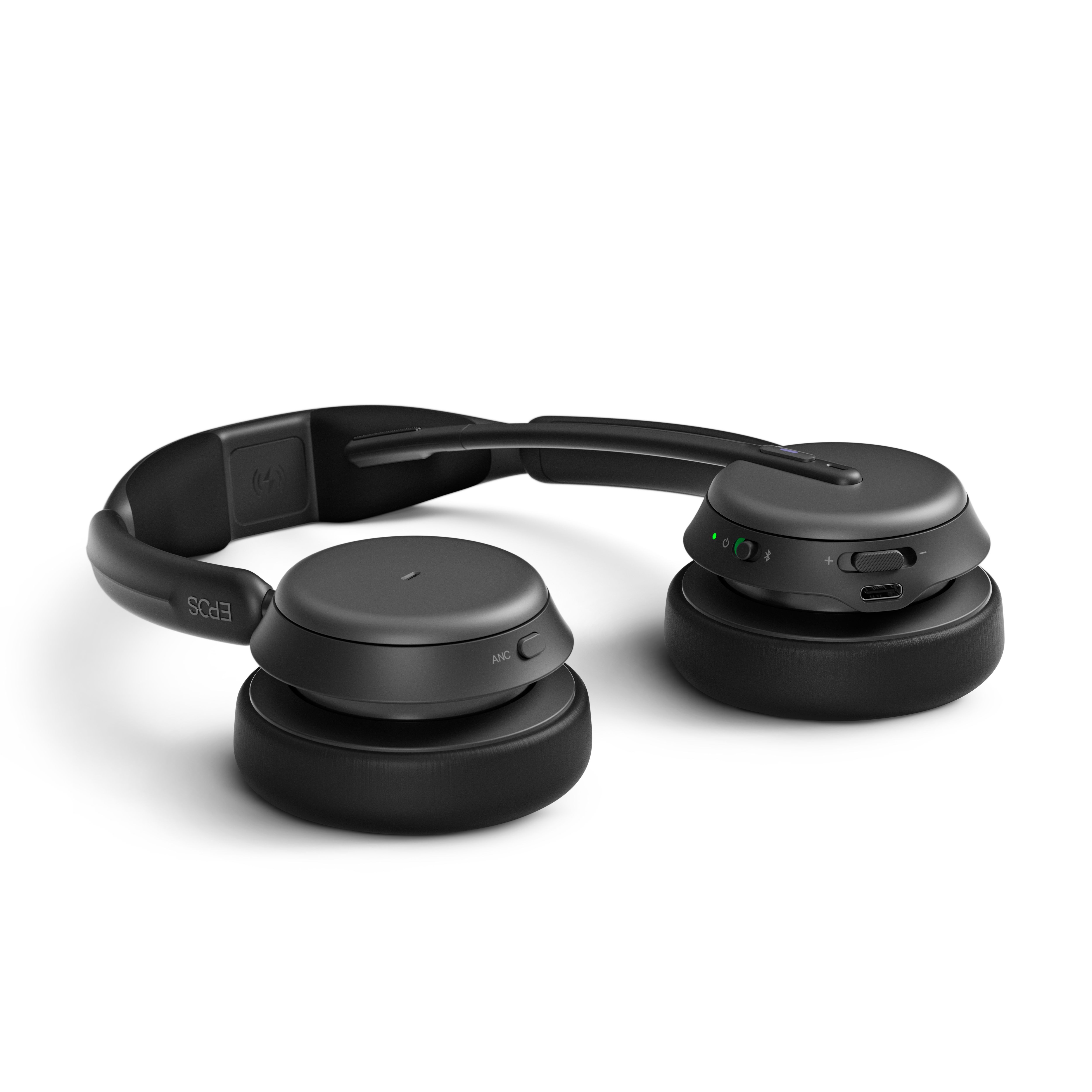 De EPOS IMPACT 1000 MS UC ANC WL dubbeloors Bluetooth headset plat op een bureau
