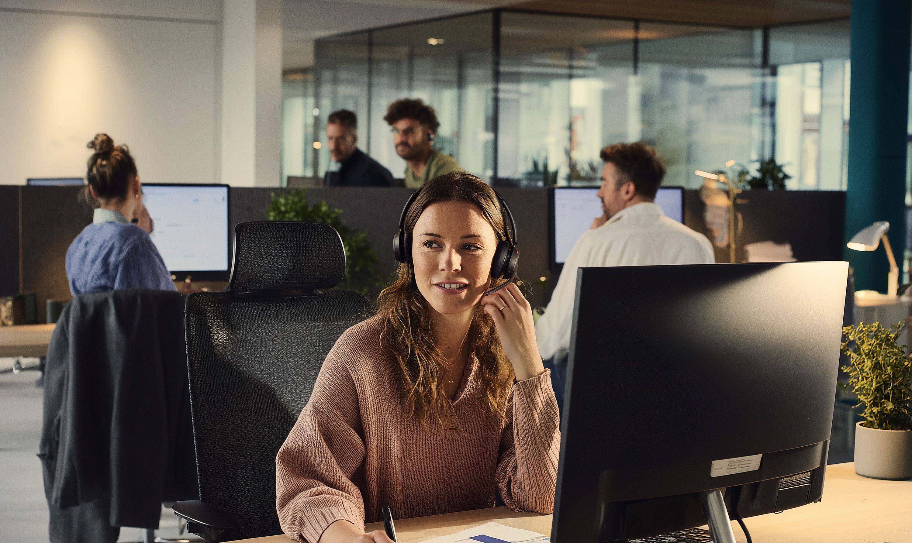Een vrouw draagt de EPOS IMPACT 1000 MS UC ANC WL dubbeloors Bluetooth headset in een open kantoorruimte