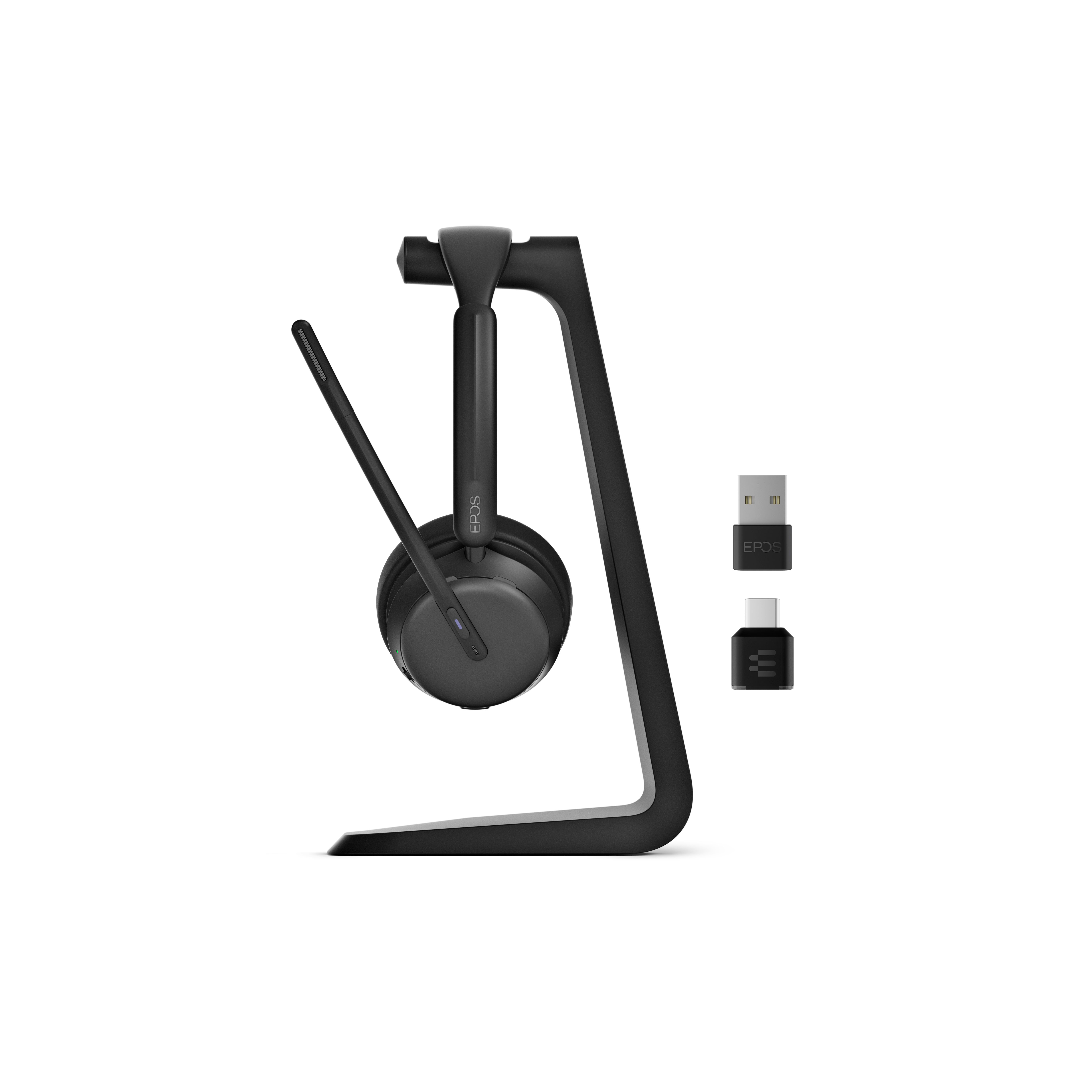 Zijkant EPOS IMPACT 1000 MS UC ANC WL USB-C+A Stand draadloze headset met Bluetooth dongle en laadstandaard