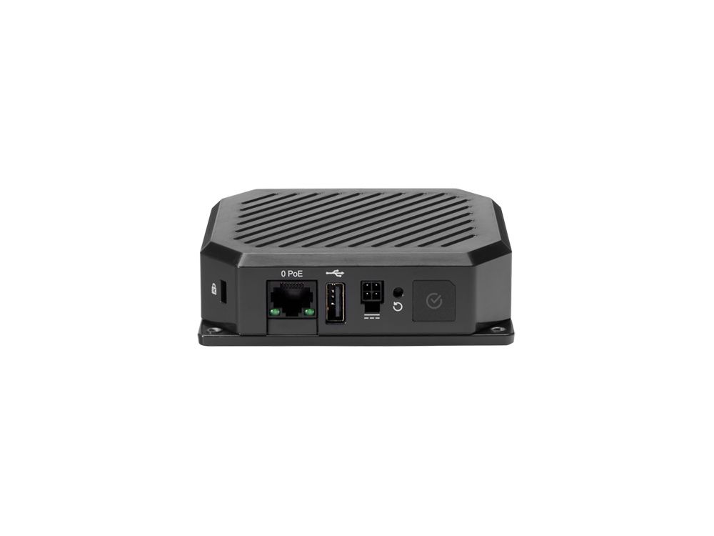 Zijkant van de Ericsson Cradlepoint S400 4G+ router (Cat.6) met 3 jaar NetCloud Essentials met PoE LAN poort en USB poort en simkaartslot