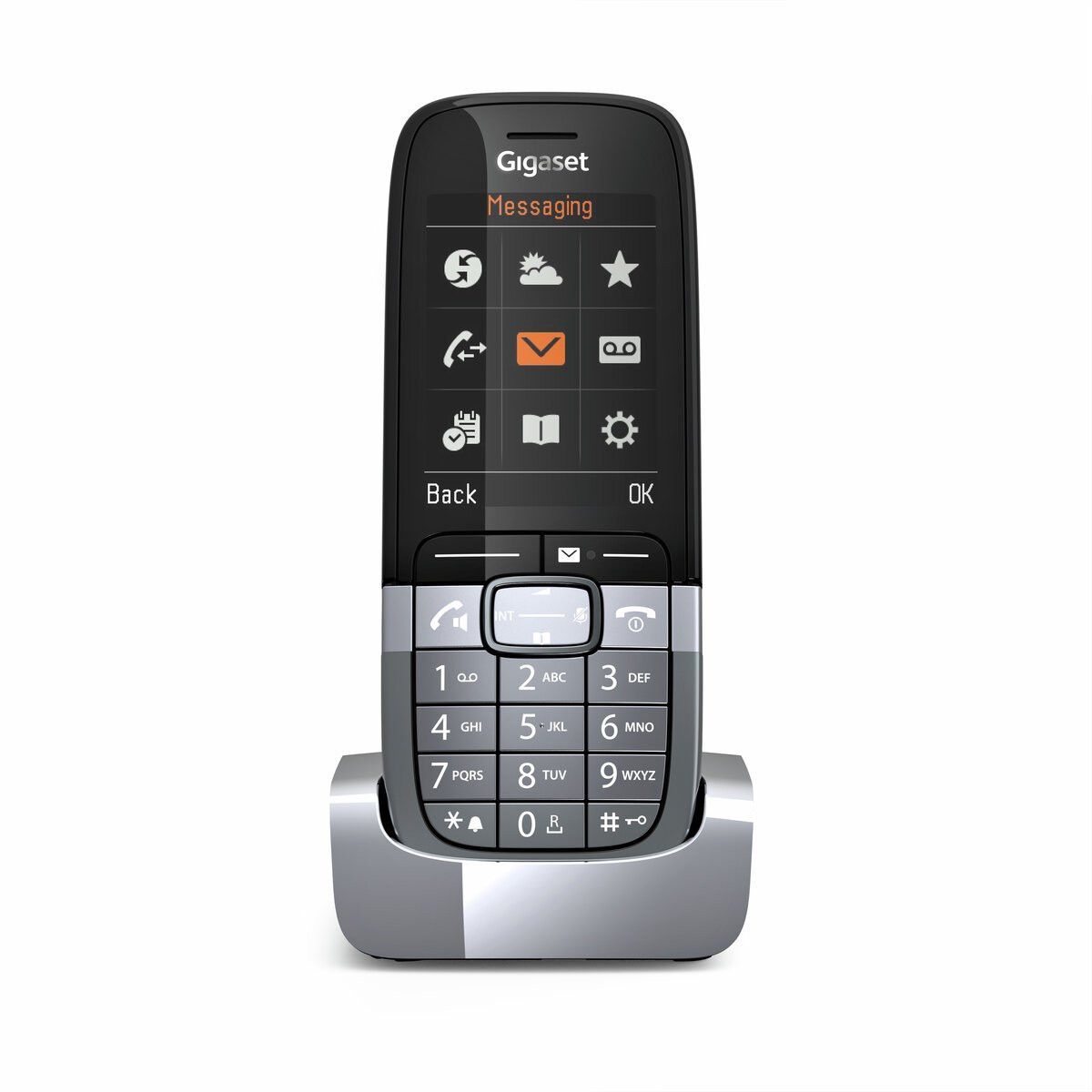 Voorkant van de Gigaset SL850H Pro DECT handset als zakelijke telefoon met houder