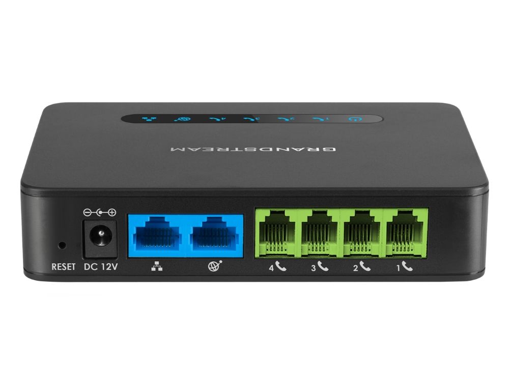 Alle poorten en aansluitingen van de Grandstream Handytone HT814 VoIP Converter