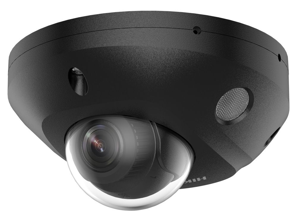 Rechter zijkant en voorkant van de zwarte Hikvision DS-2CD2543G2-LIS2U(2.8mm) 4MP AcuSense Mini Dome Camera