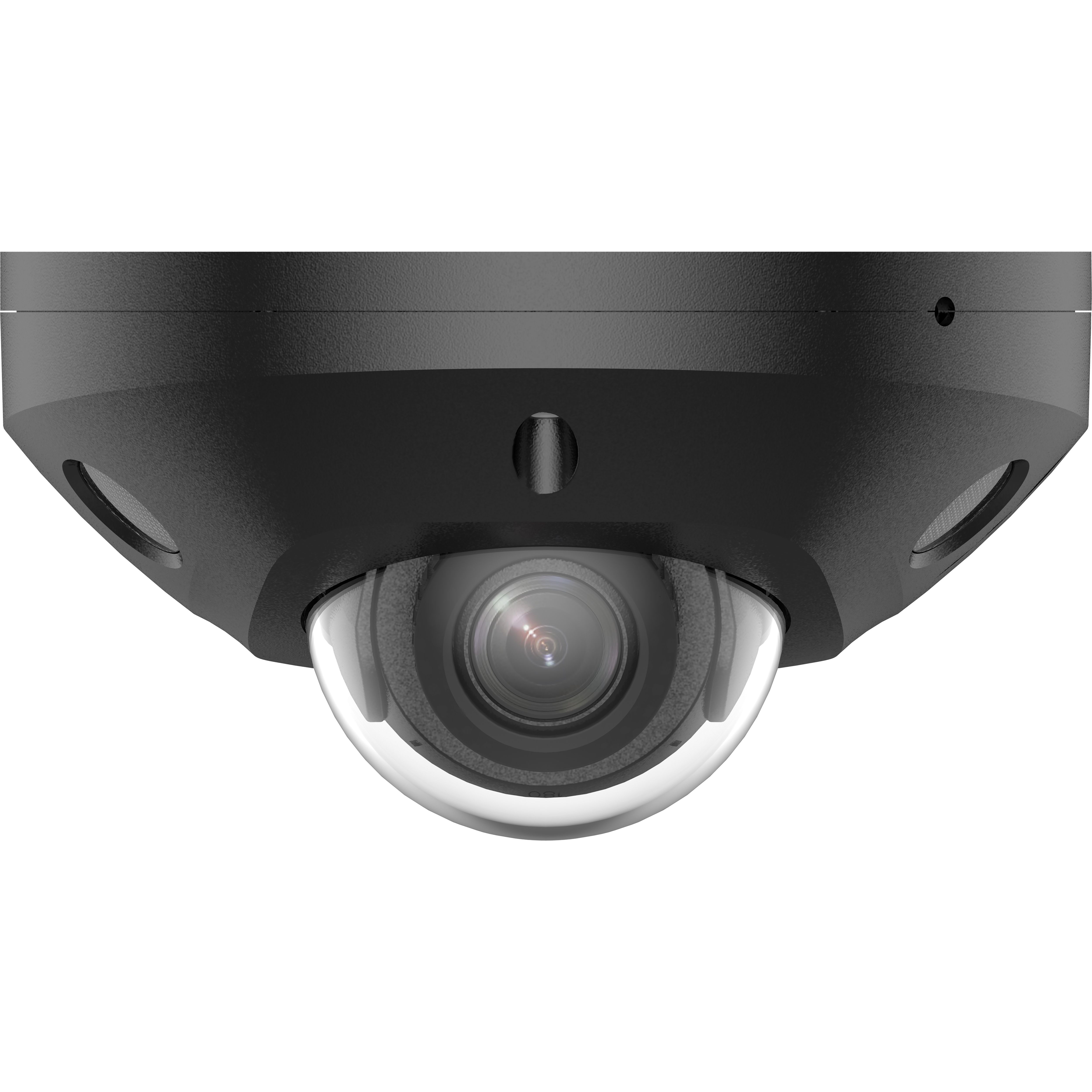 Voorkant en lens van de Rechter zijkant en voorkant van de zwarte Hikvision DS-2CD2543G2-LIS2U(2.8mm) 4MP AcuSense Mini Dome Camera