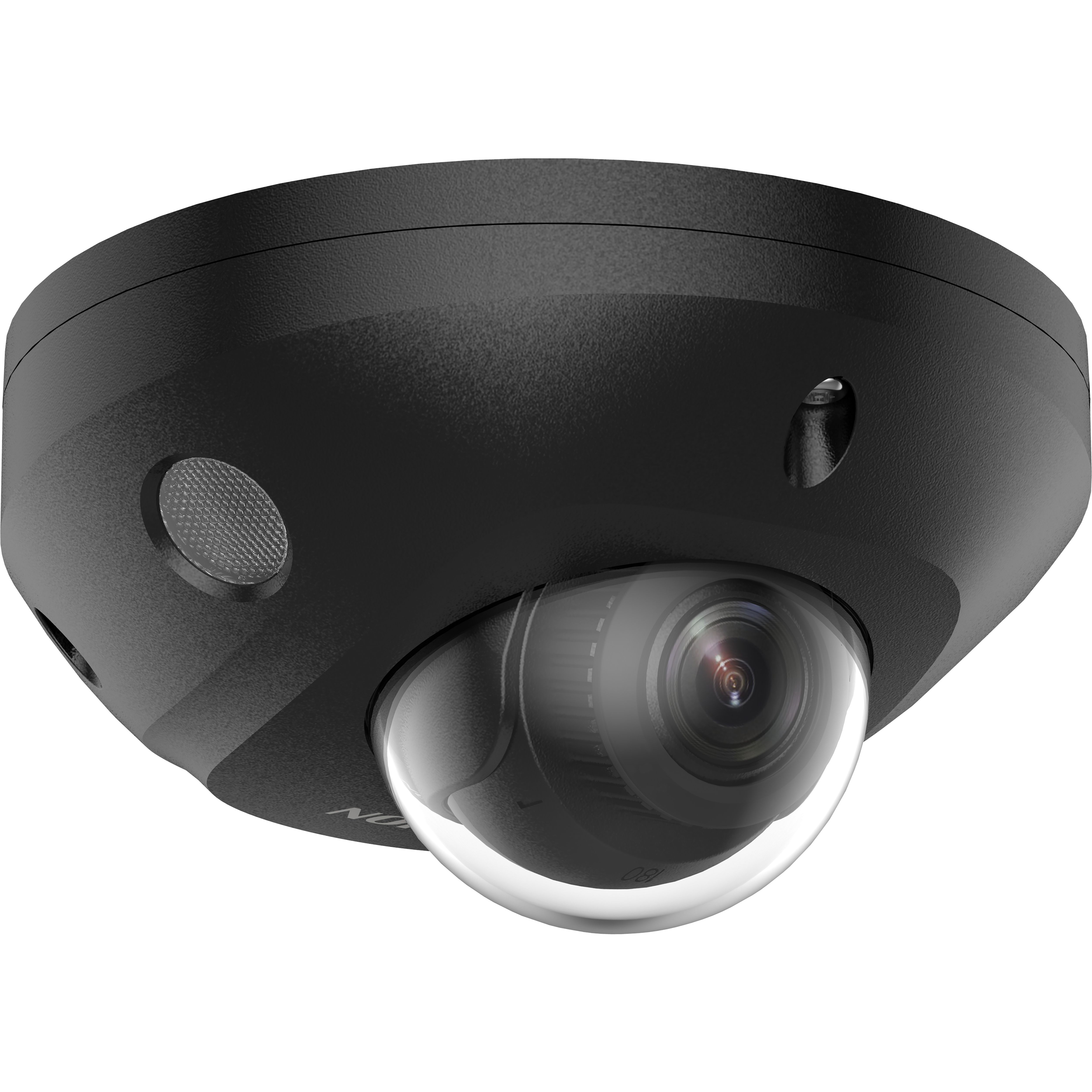 Voorkant en linker zijkant van de Rechter zijkant en voorkant van de zwarte Hikvision DS-2CD2543G2-LIS2U(2.8mm) 4MP AcuSense Mini Dome Camera