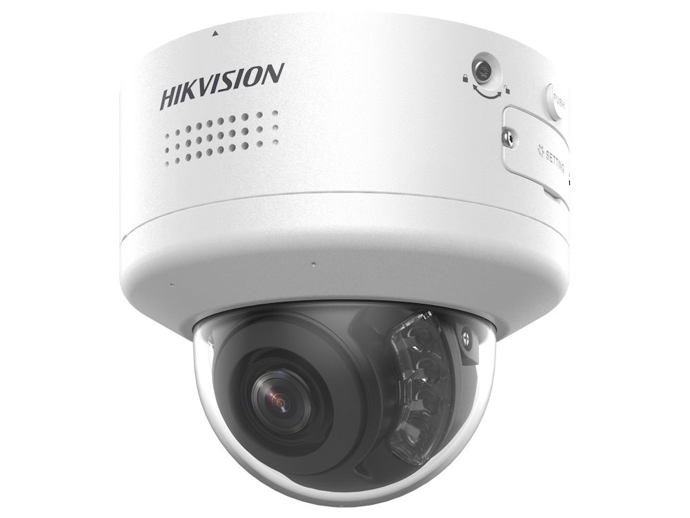 De Hikvision DS-2CD2746G2H-IPTRZS2U/SL 4MP AcuSense varifocale outdoor dome camera schuin van voren