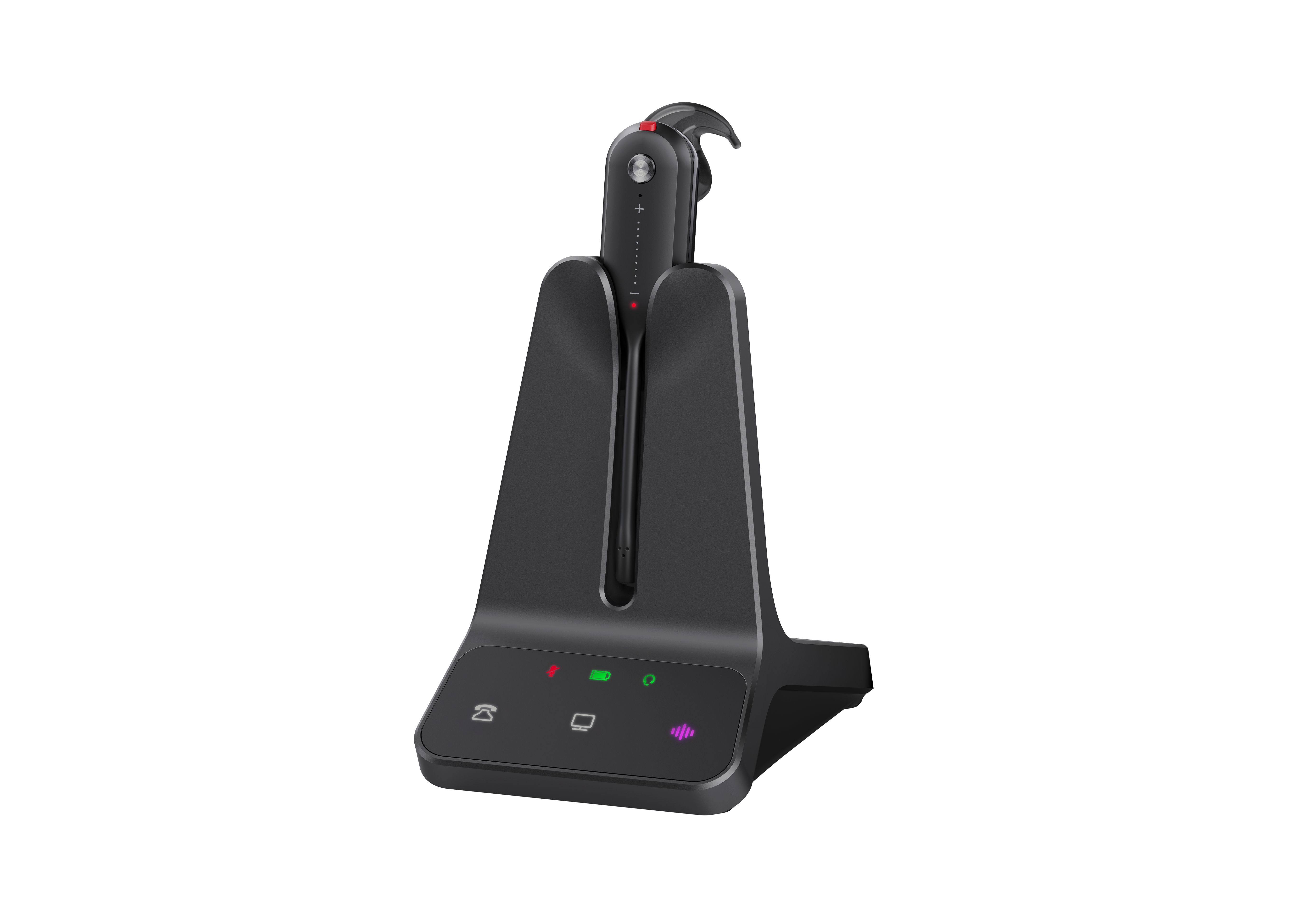 Yealink WH63 E2 UC draadloze DECT headset op het basisstation schuin van rechtsvoor
