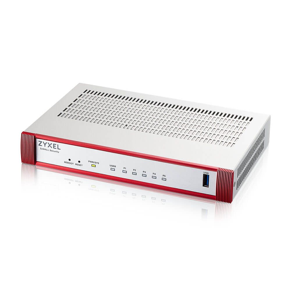 Rechter zijkant en bovenkant en voorkant van de Zyxel USG FLEX 50H Firewall