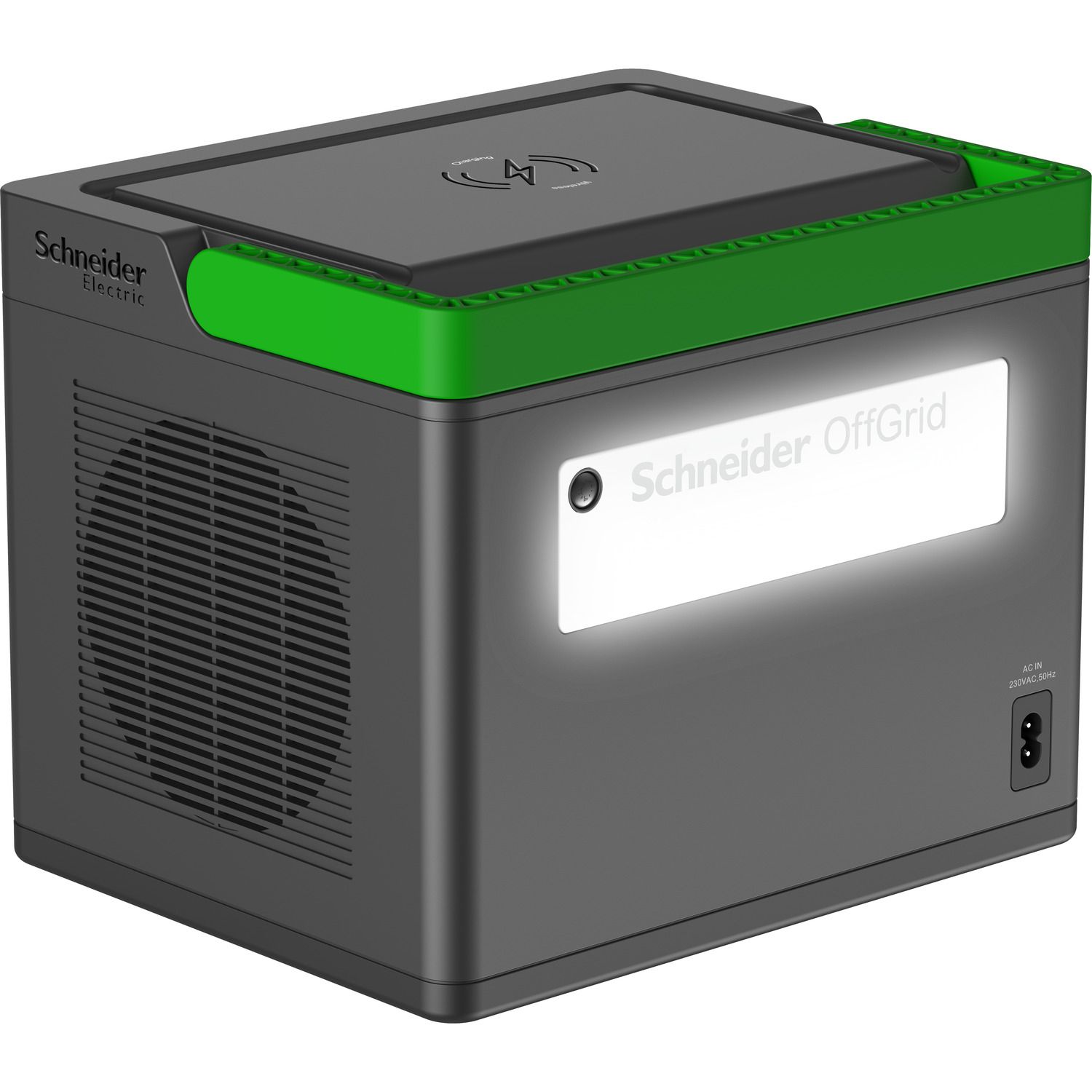 Achterkant en zijkant van het APC PPS500-GR draagbare oplaadstation