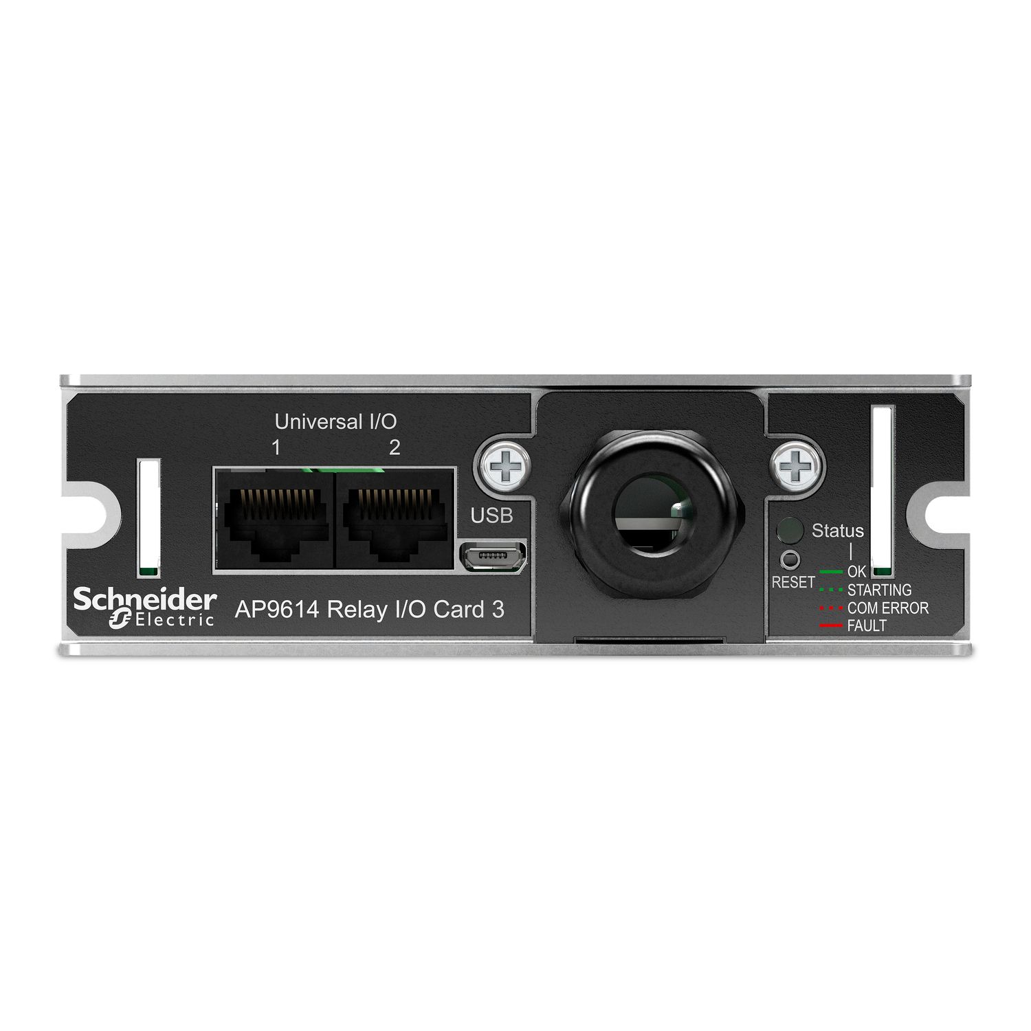 De APC AP9614 Dry Contact I/O Management kaart recht van voren met alle aansluitingen