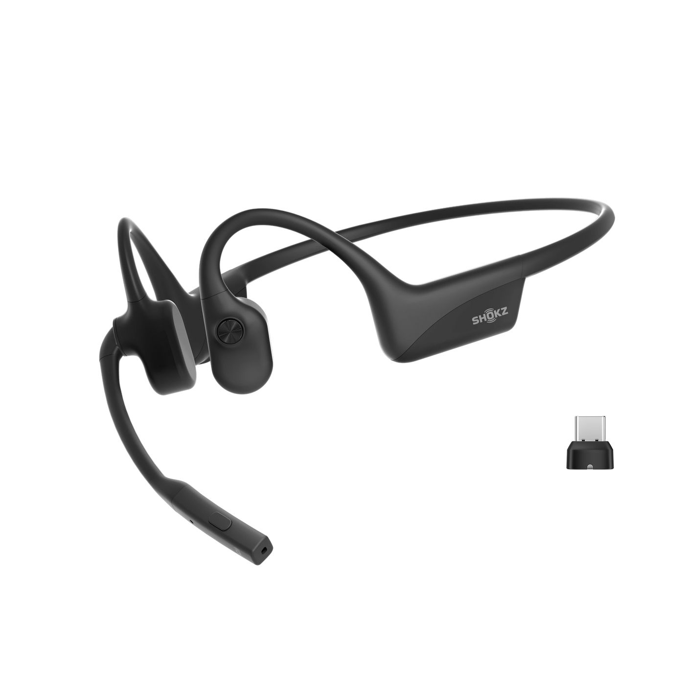 Rechterkant van de Shokz OpenComm2 UC stereo headset met USB-C Bluetooth dongle