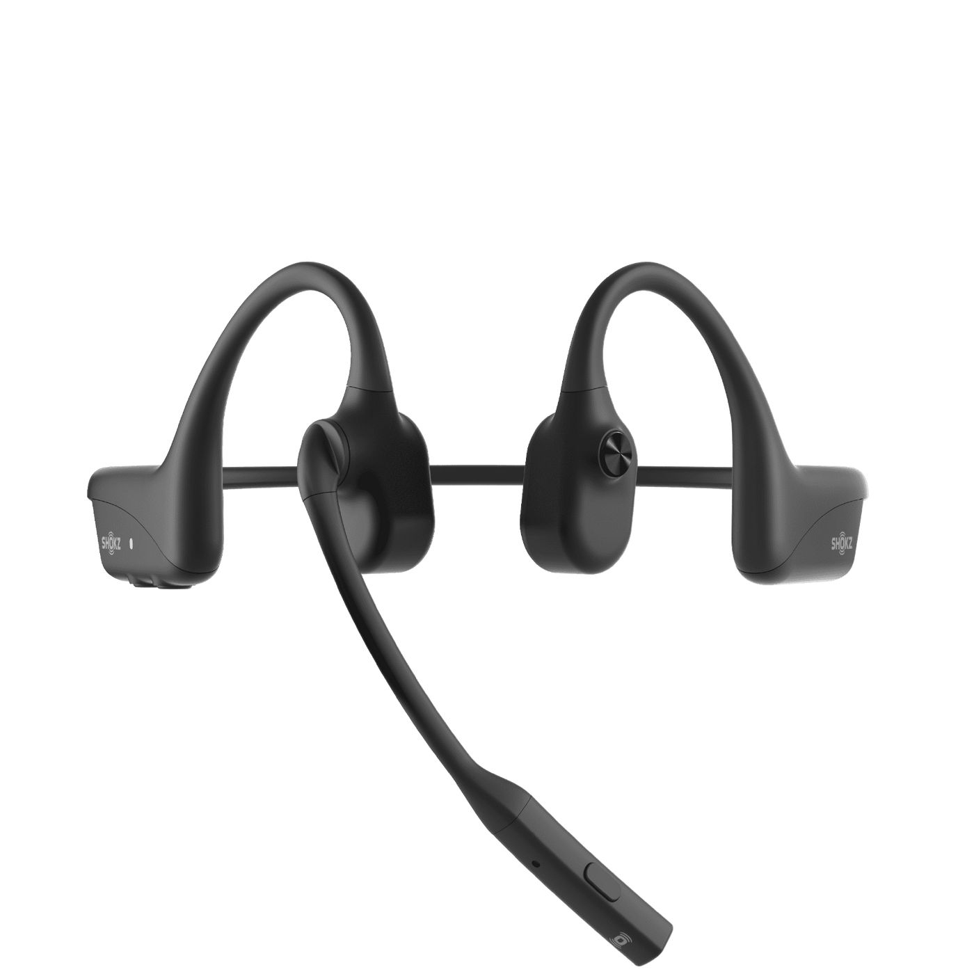 Voorkant van de Shokz OpenComm2 UC stereo headset met USB-C Bluetooth dongle