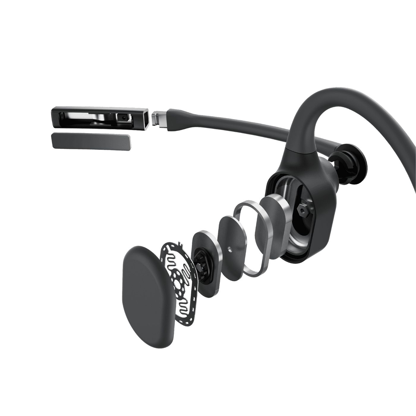 Onderdelen van de Shokz OpenComm2 UC stereo headset